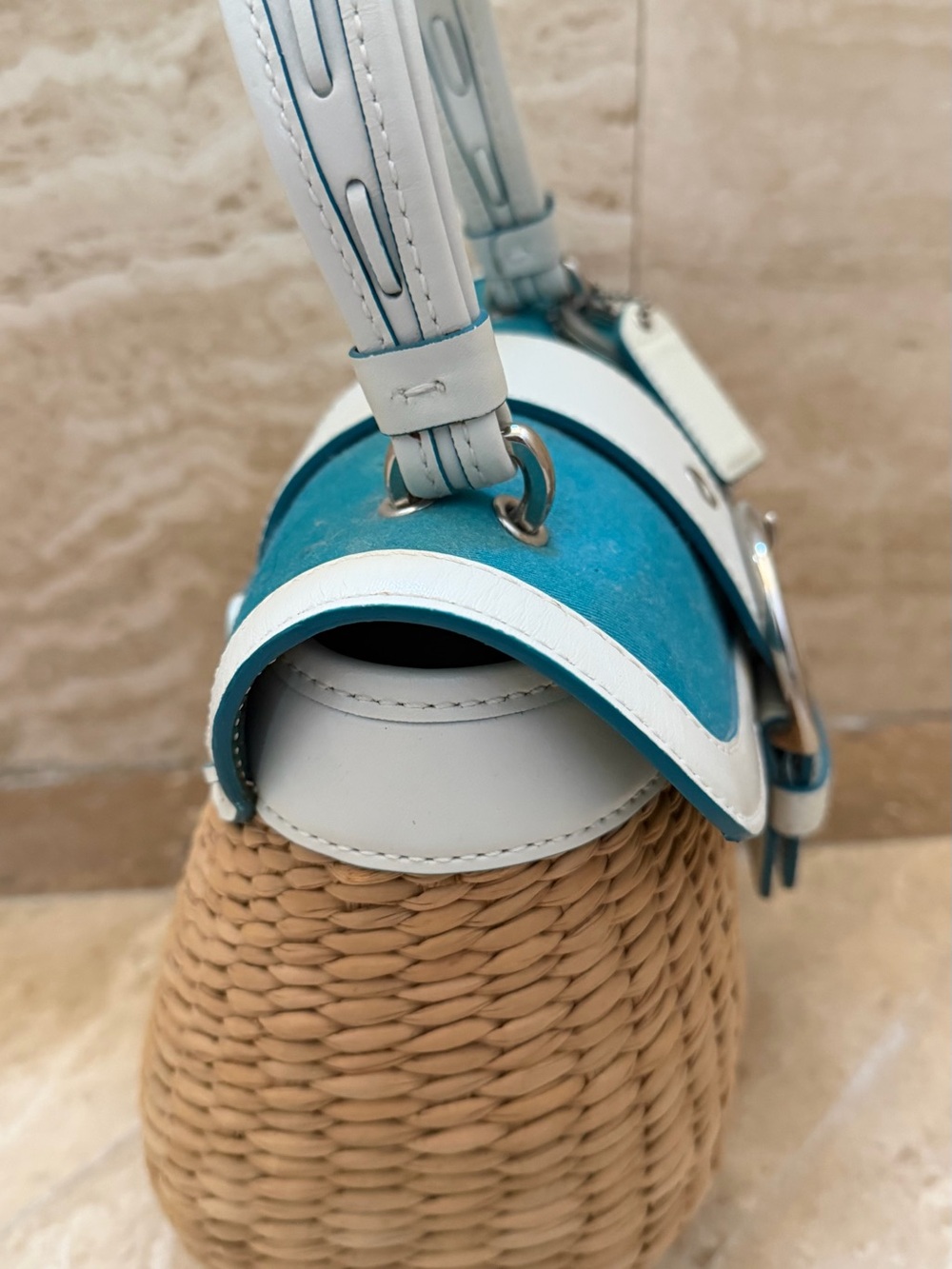 coach Y2K vintage SUMMER straw leather PURSE Teal and White Woven Top-Handle - Picture 11 of 16